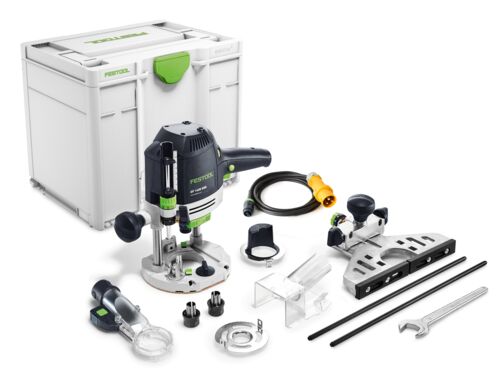 A Festool router kit including a white carrying case, router, cord, guide rails, wrench, and accessories arranged on a white background.