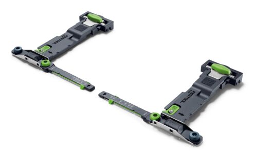 Two identical adjustable gray and green metal guide rails are side by side on a white background, with measurement markings and green knobs.
