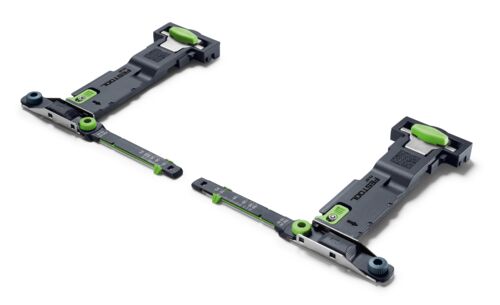 Two black and green Festool tool guides with adjustable arms are positioned parallel on a white background.