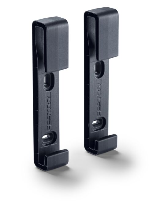 Two identical black plastic clips, each with a hook at the bottom and a slot near the top, standing upright on a white background.