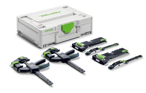 A Festool tool storage box with five black and green quick-action clamps and accessories arranged on a white background.