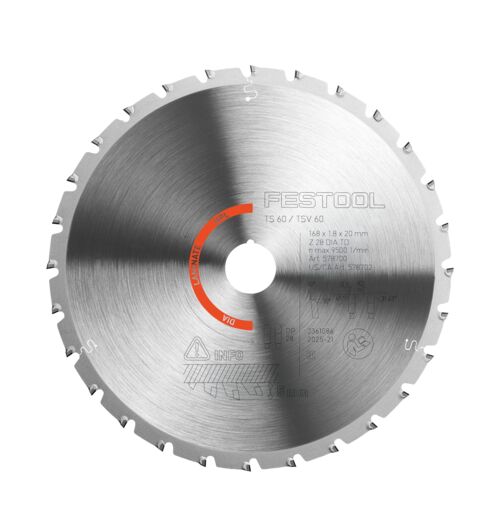 A circular saw blade with sharp teeth and a metallic finish, showing detailed surface markings and safety icons.