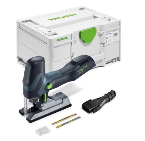 A cordless Festool jigsaw with a black and green handle, white carrying case, three saw blades, blade guard, and dust adapter.