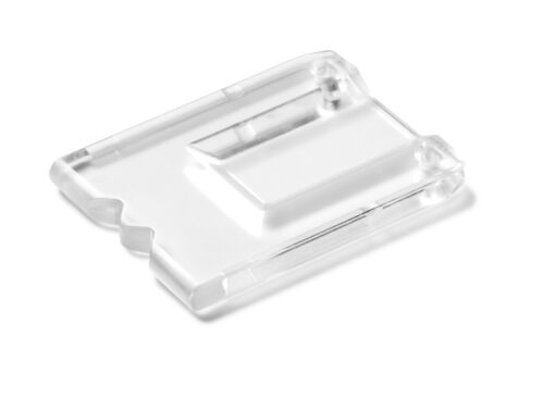 Clear plastic SD card case on a white surface, viewed from an angled top perspective.