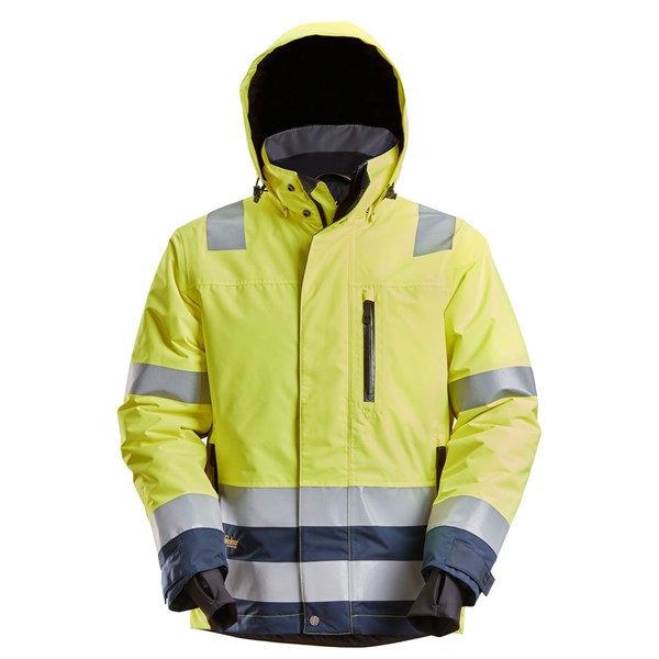 A high-visibility yellow and navy jacket with reflective stripes, a hood, front zipper, and zippered chest pocket for outdoor work.