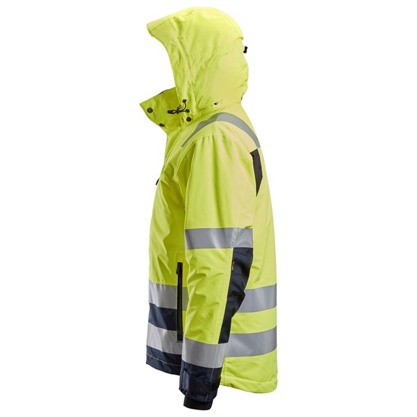 Side view of a high-visibility yellow jacket with reflective silver stripes, black arm accents, and an attached hood.