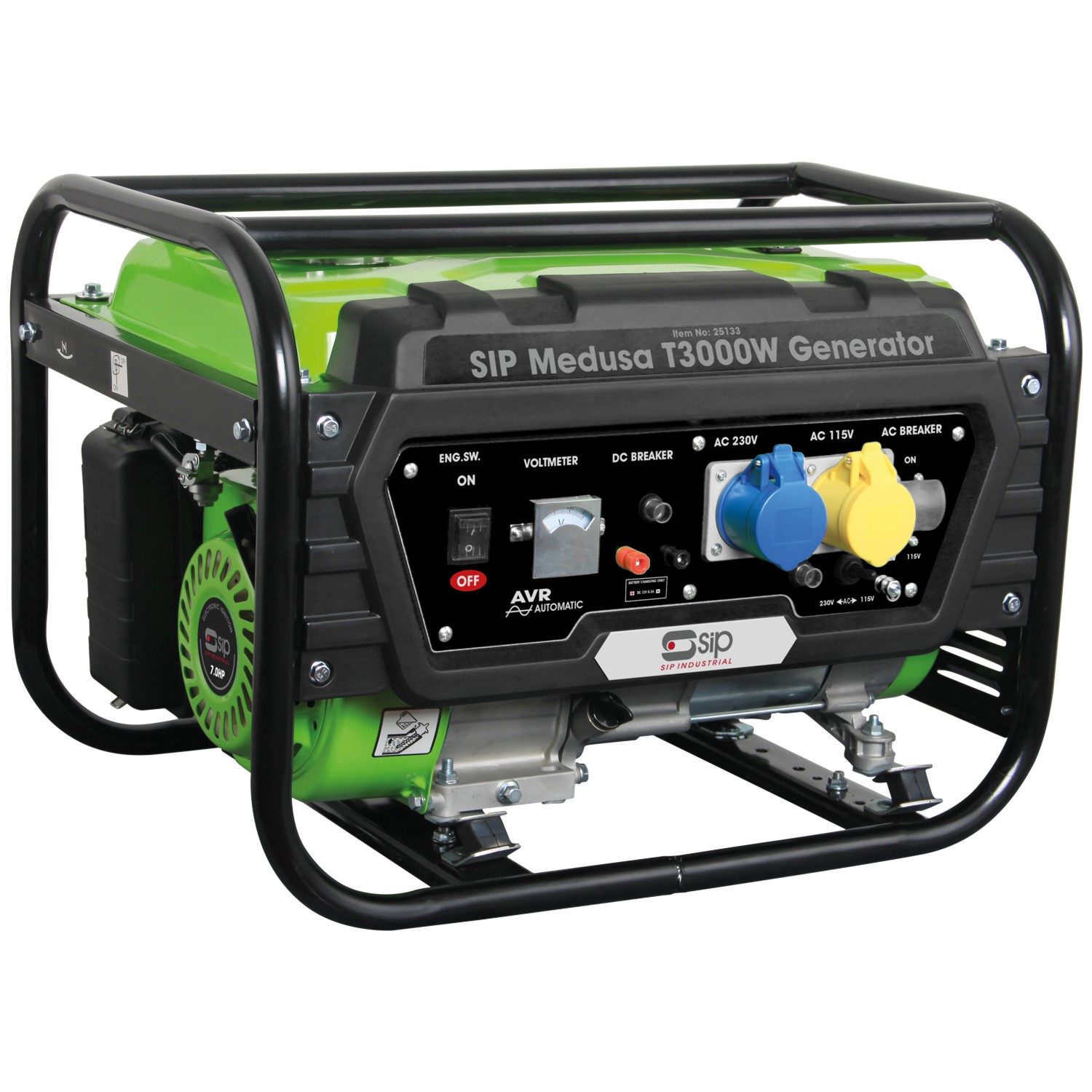A green and black portable SIP Medusa T3000W generator with a detailed control panel in a sturdy metal frame.
