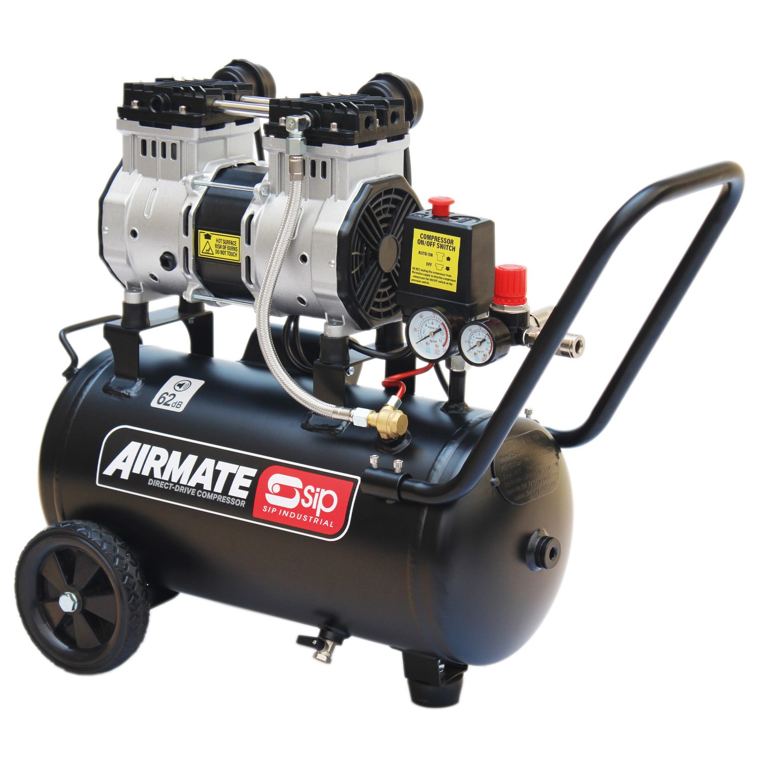 A black portable air compressor with two pressure gauges, a handle, wheels, and two silver compressor units mounted on top.