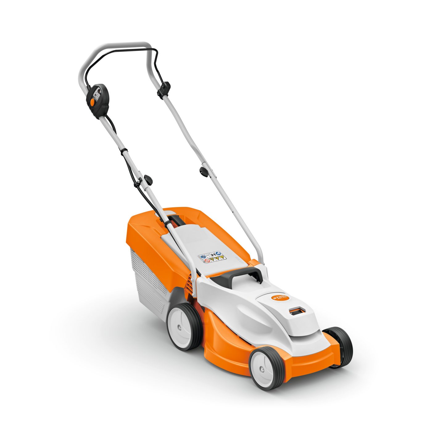 The Stihl RMA235 Battery Lawnmower has an orange and white design, four wheels, adjustable handle, and rear grass box on white background.