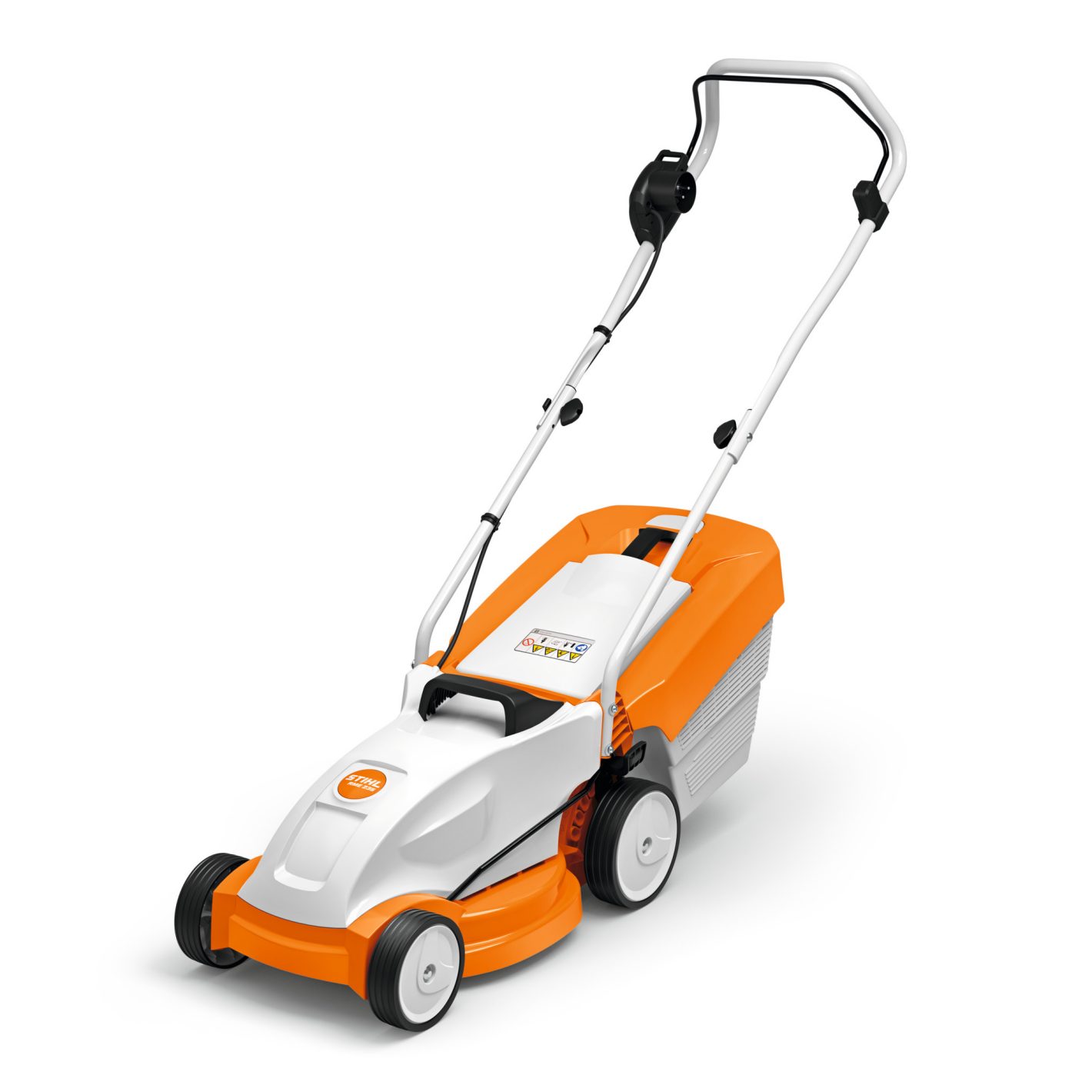 The Stihl RME 235.0 Lawn Mower features a white and orange body, black handle, four wheels, and a rear grass collection box.
