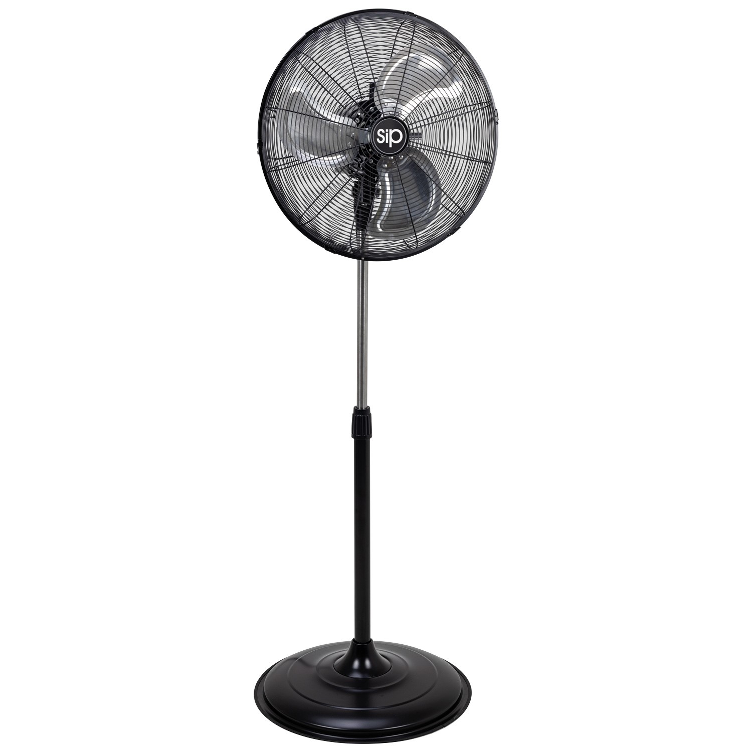 A black adjustable-height pedestal fan with a round base and protective grill, set against a plain white background.