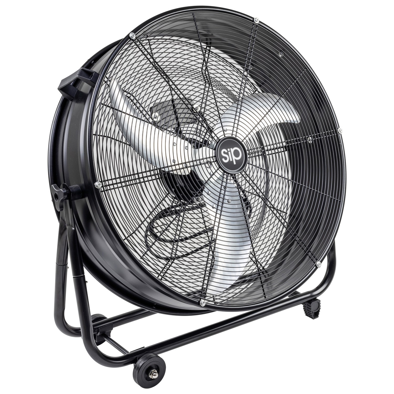 A large black industrial floor fan with a protective wire grille, metal blades, and a sturdy wheeled stand for mobility.