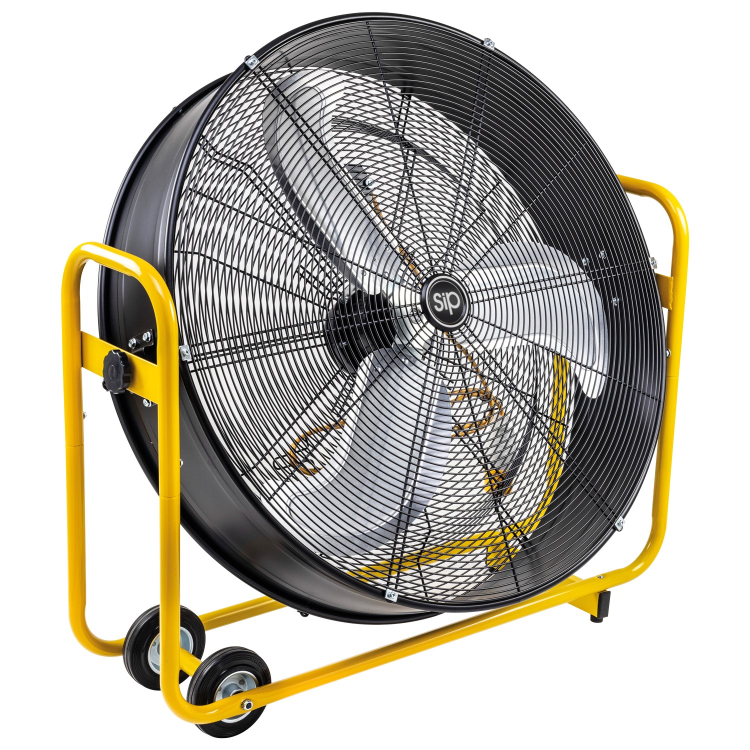 A large industrial floor fan with metal blades, a black wire grille, and a yellow frame on two wheels for easy movement.