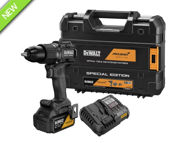 A DeWalt McLaren Special Edition cordless drill set with battery, charger, and a black carrying case on a white background.