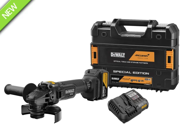 A DeWalt special edition power tool set with a cordless angle grinder, battery, charger, and black McLaren-branded case.