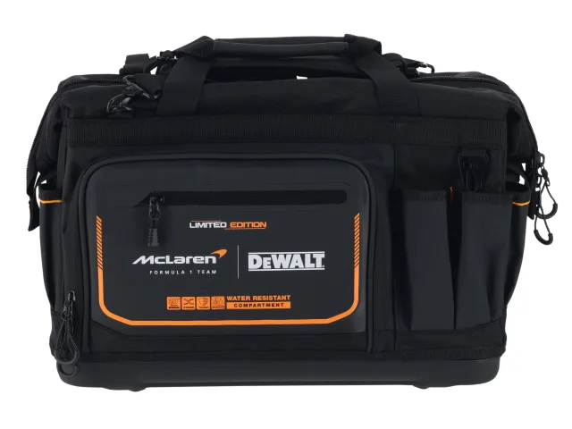 A black DeWalt tool bag with McLaren Formula 1 branding, orange accents, and multiple compartments and pockets.