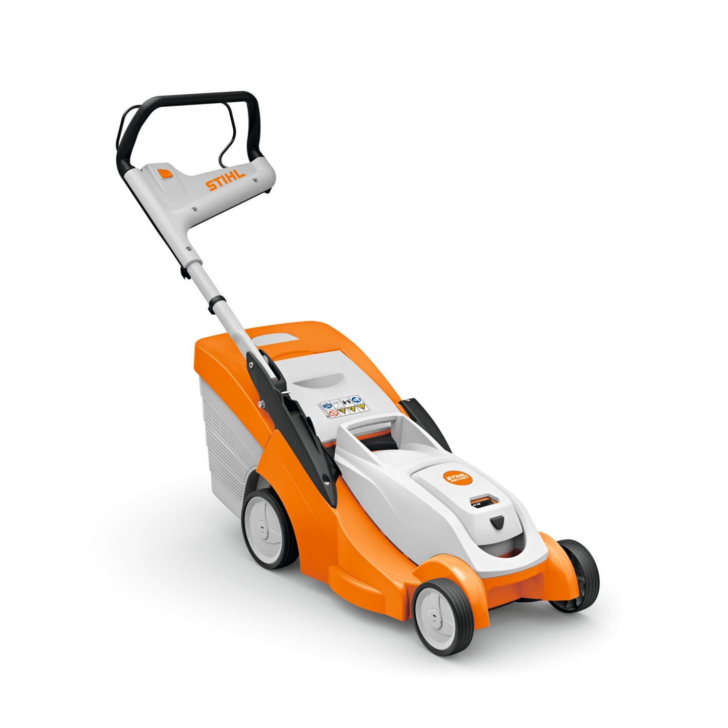 The Stihl RMA 239.1 C (AK) Lawn Mower has an orange and white design, large rear wheels, black handle, and grass box in white.