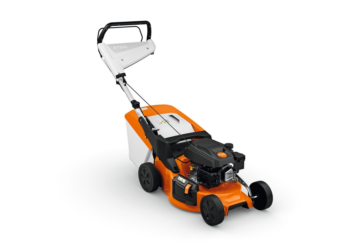 The Stihl RM 248.3 (EU1) Lawn Mower has an orange and white design, black engine, grass bag, and adjustable handle on white background.