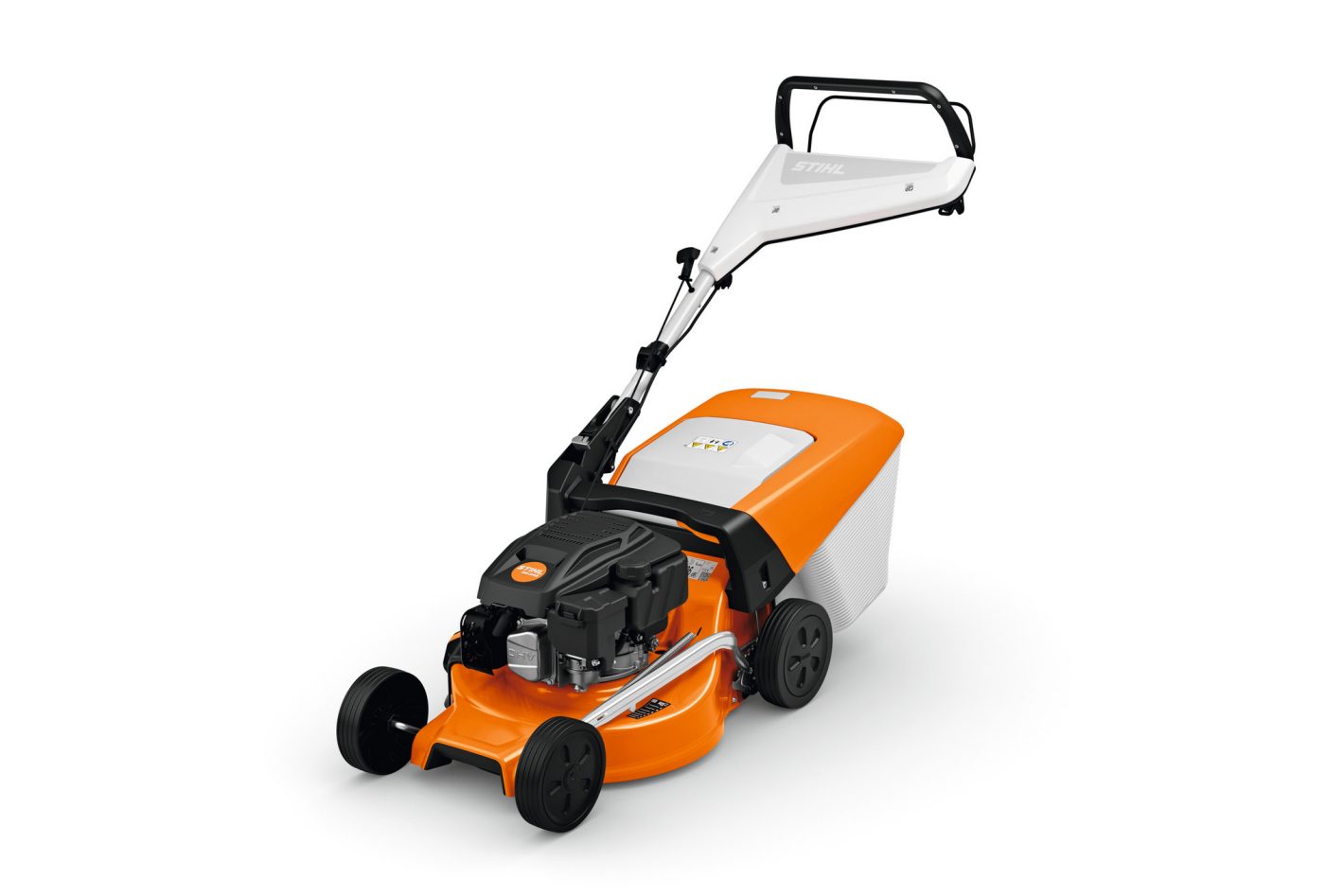 The Stihl RM 248.3 (EU1) Lawn Mower is an orange and white push mower with a black handle, four wheels, and rear grass bag.