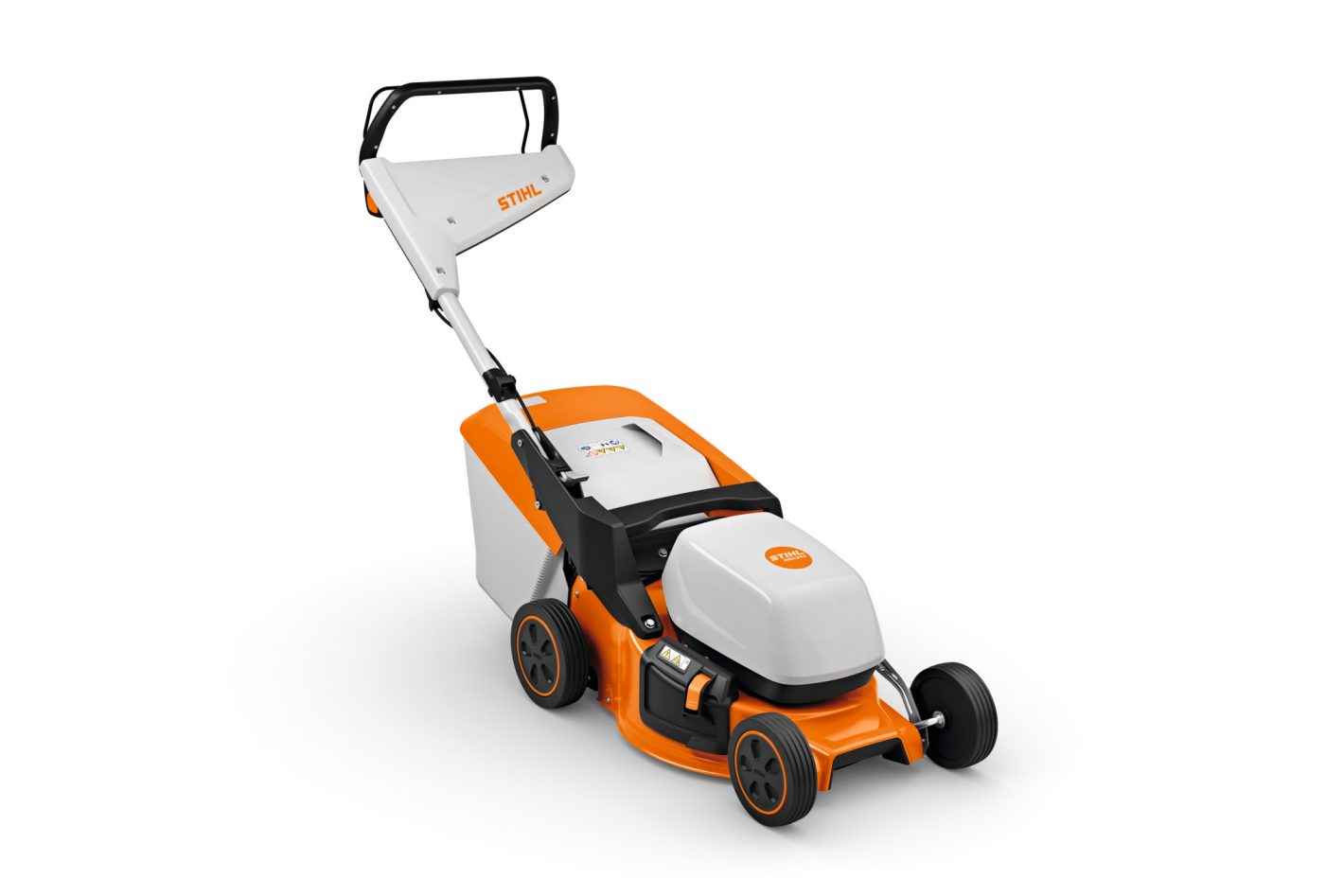 The Stihl RMA 243.3 (AK) Lawn Mower has a grass collector, four black wheels, and an adjustable handle, in white and orange.