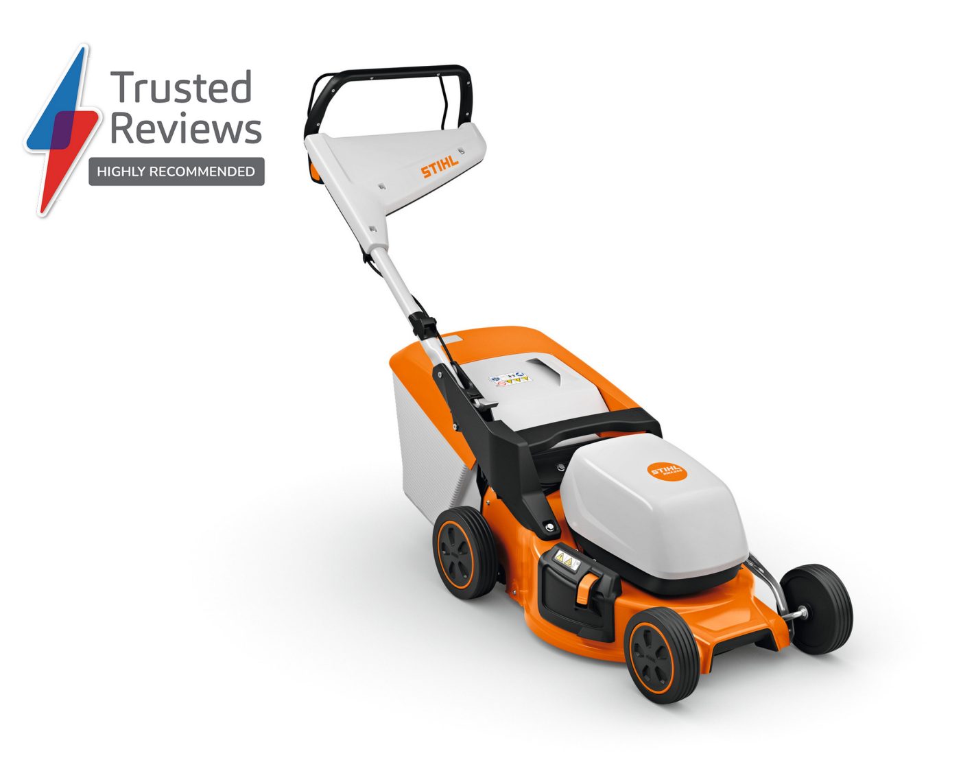 The Stihl RMA 248.3 Lawn Mower, Mower Only, in orange and white, is shown on a white background.