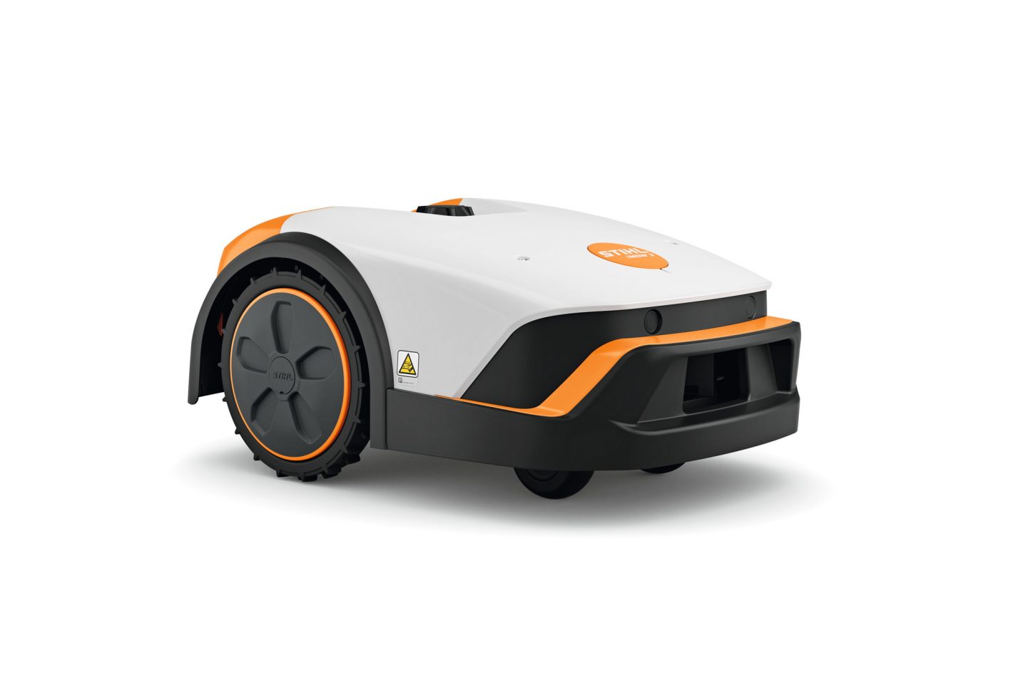 The Stihl iMOW 3.0 (GB) Robot Mower is a compact, white and orange mower with black wheels, designed for grass cutting in Great Britain.