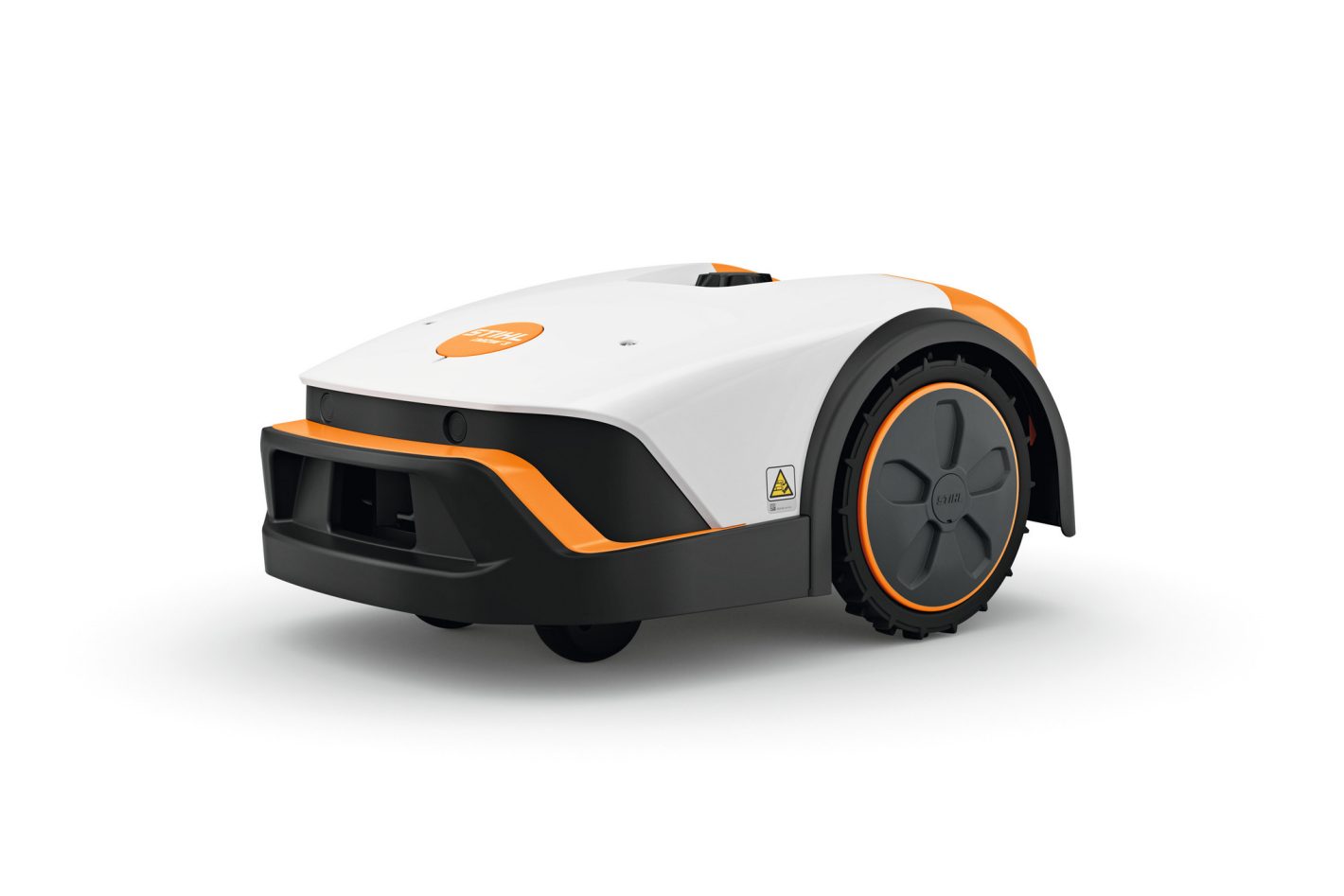 The Stihl iMOW 3.0 (GB) Robot mower, orange and white with black wheels, is shown on a white background with safety labels near the wheel.