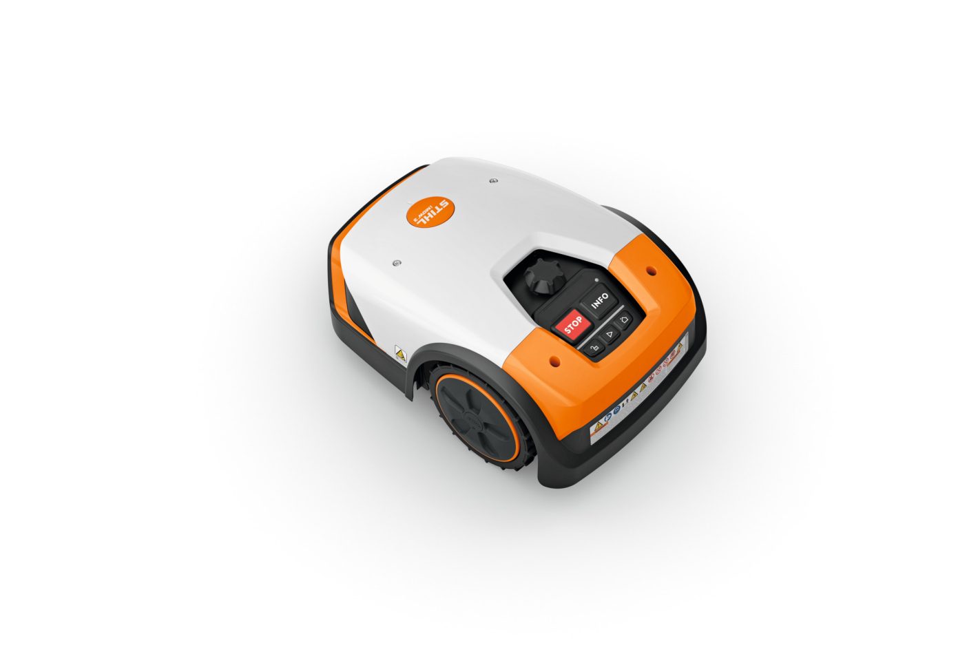The Stihl iMOW 3.0 (GB) Robot mower has a white and orange casing, black wheels, and top controls, shown on a white background.