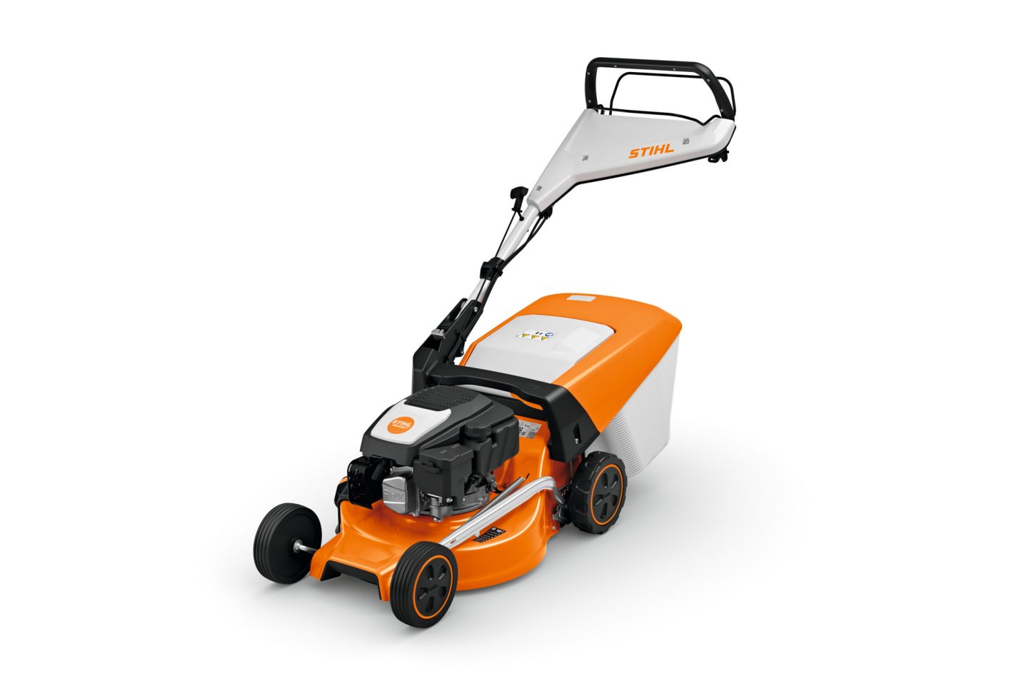 The Stihl RM 248.3 T (EU1) lawnmower has an orange and white body, black handle, front wheels, and a rear grass collection bag.