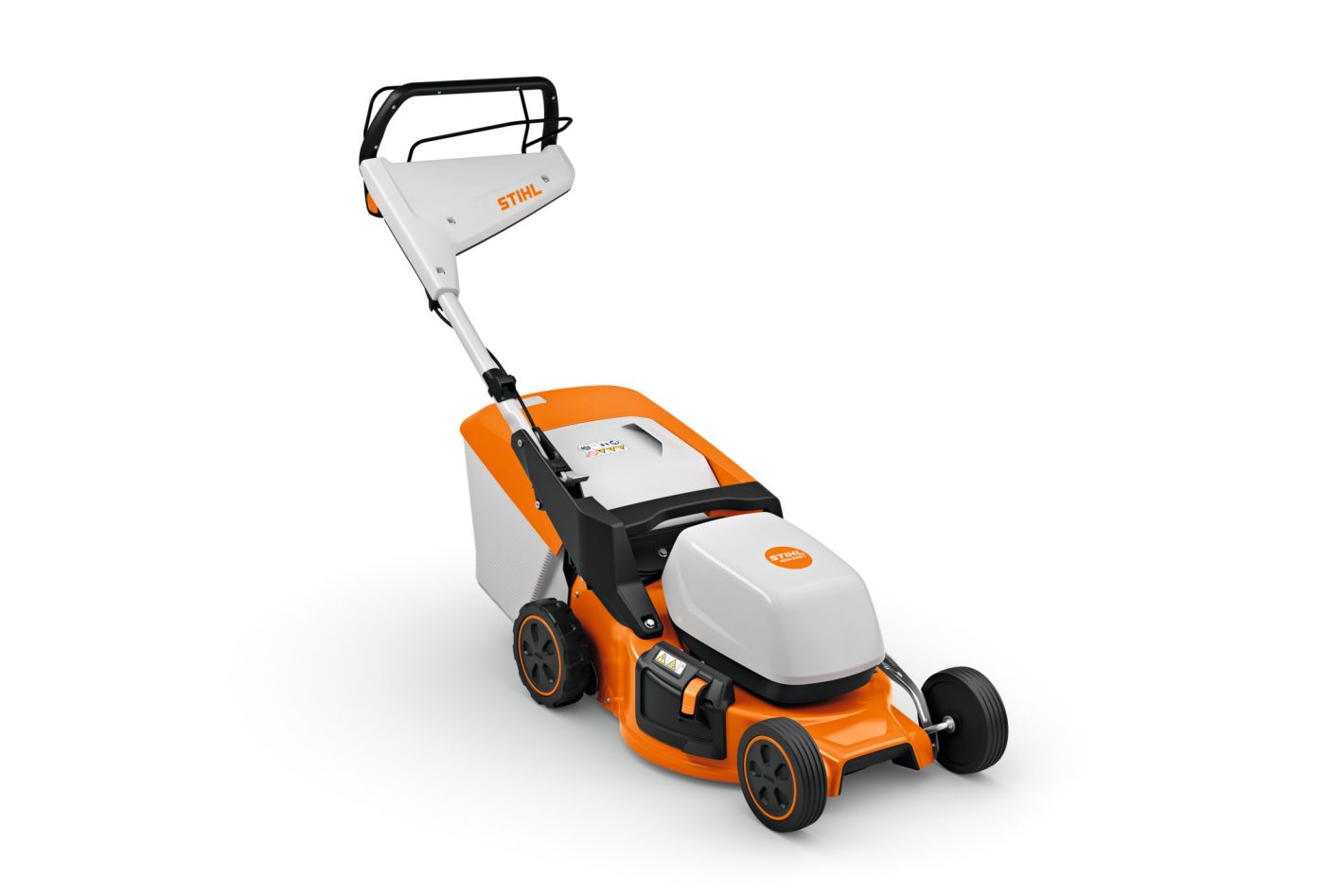 The Stihl RMA 248.3 T (AK) is a modern orange and white electric lawnmower with four wheels and a rear grass collection box.