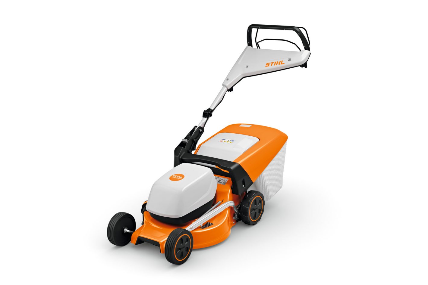 The Stihl RMA 248.3 T (AK) Lawn Mower has an orange and white body, black wheels, rear grass bag, and adjustable handlebar.