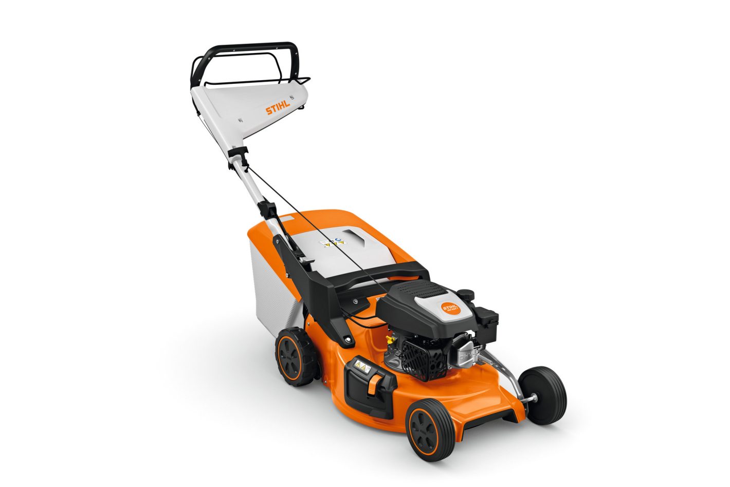 A Stihl RM 253.3 T (EU1) orange and white lawnmower with a black handle, large rear wheels, and a grass bag on a white background.