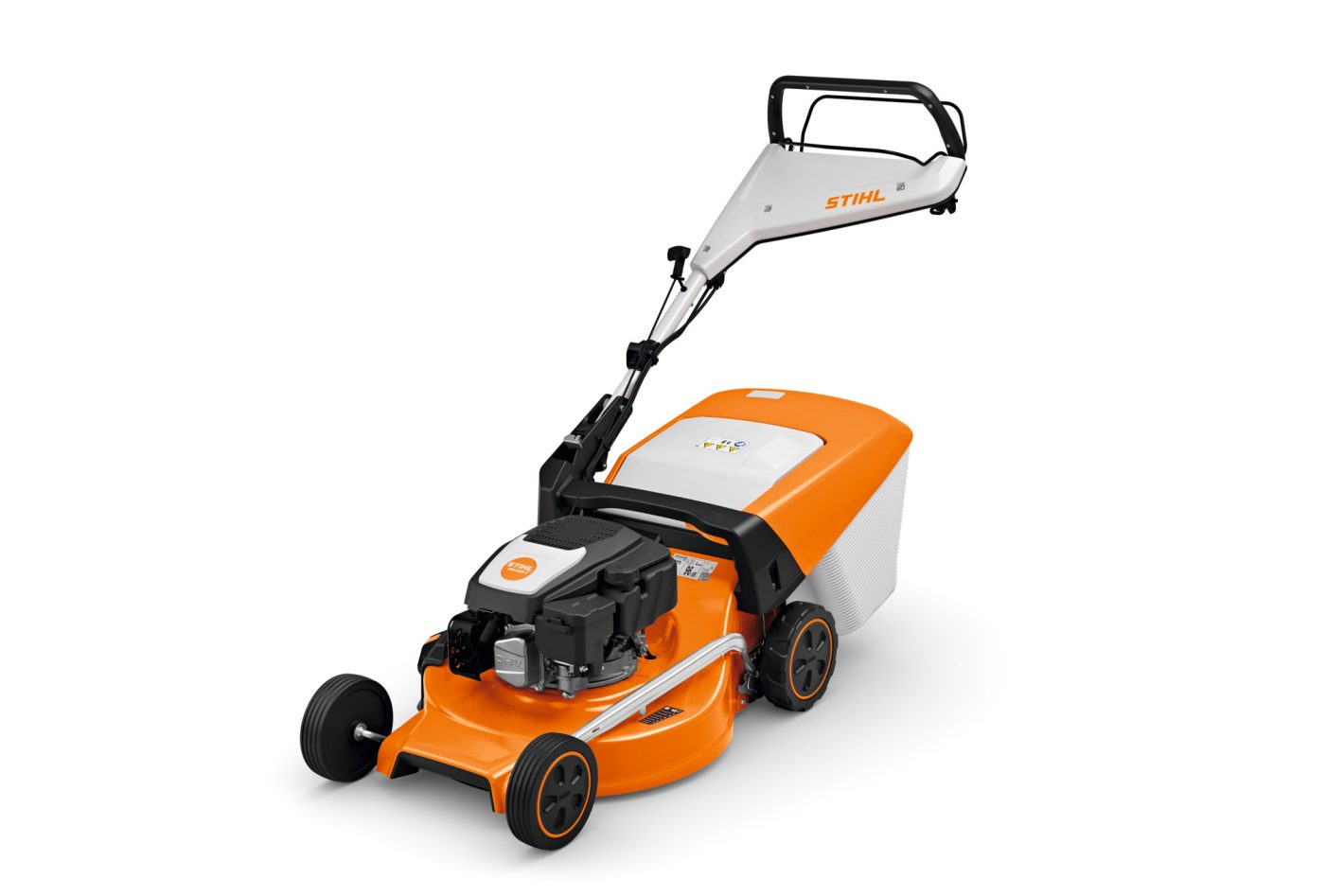 The Stihl RM 253.3 T (EU1) lawnmower in orange and white with black handle, wheels, and a rear grass bag on white background.