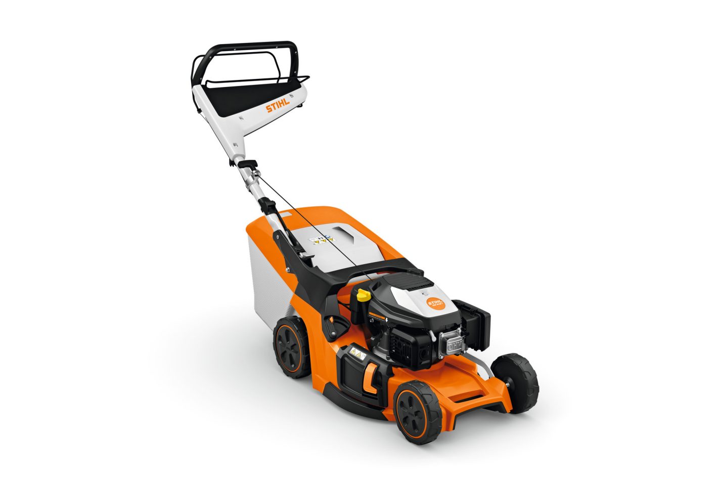A Stihl RM 448.3 T (EU1) lawnmower in orange, white, and black with a grass bag and foldable handle on a white background.