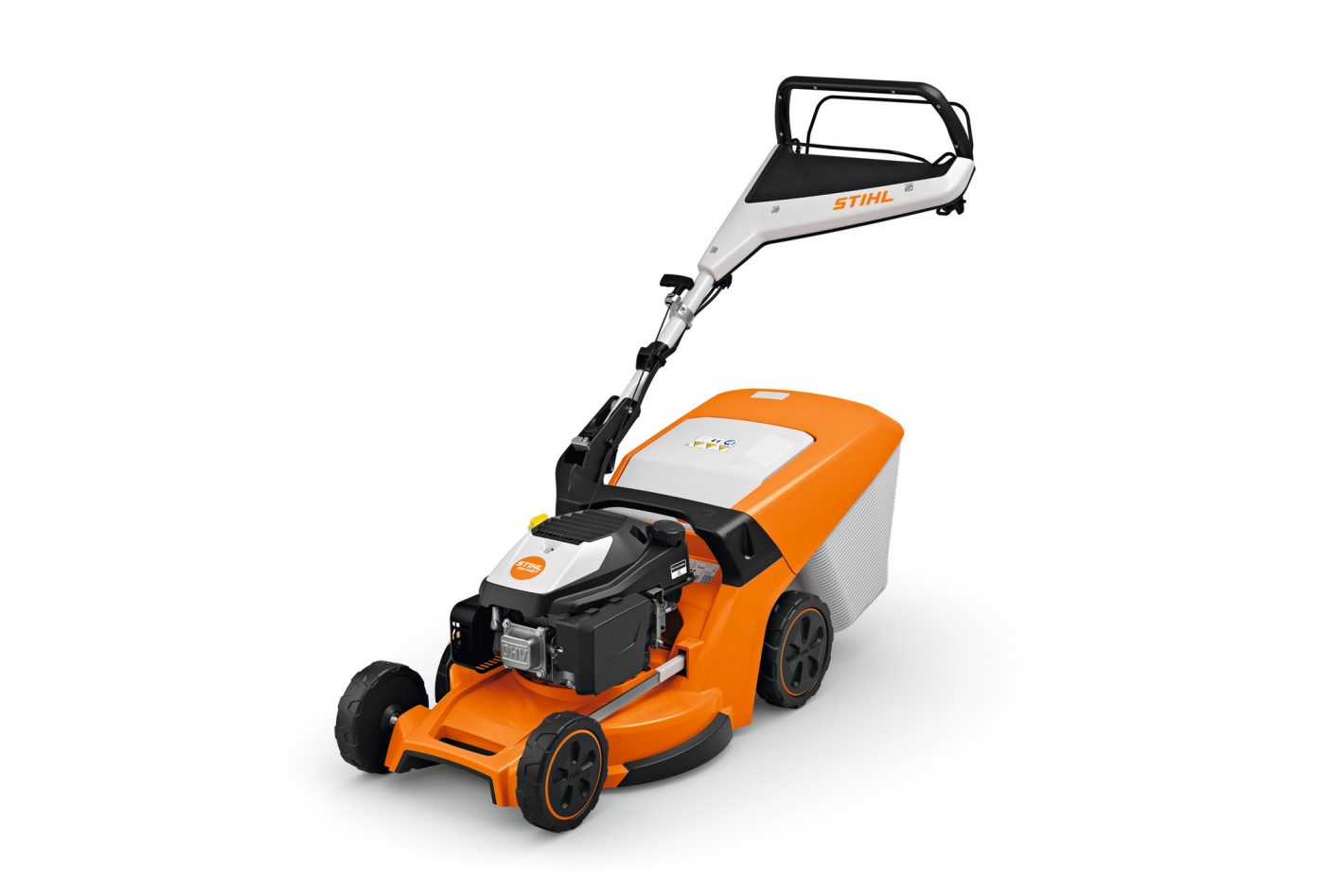 A Stihl RM 448.3 T (EU1) Lawn Mower with an orange and white body, black wheels, and a black and white handle on white background.