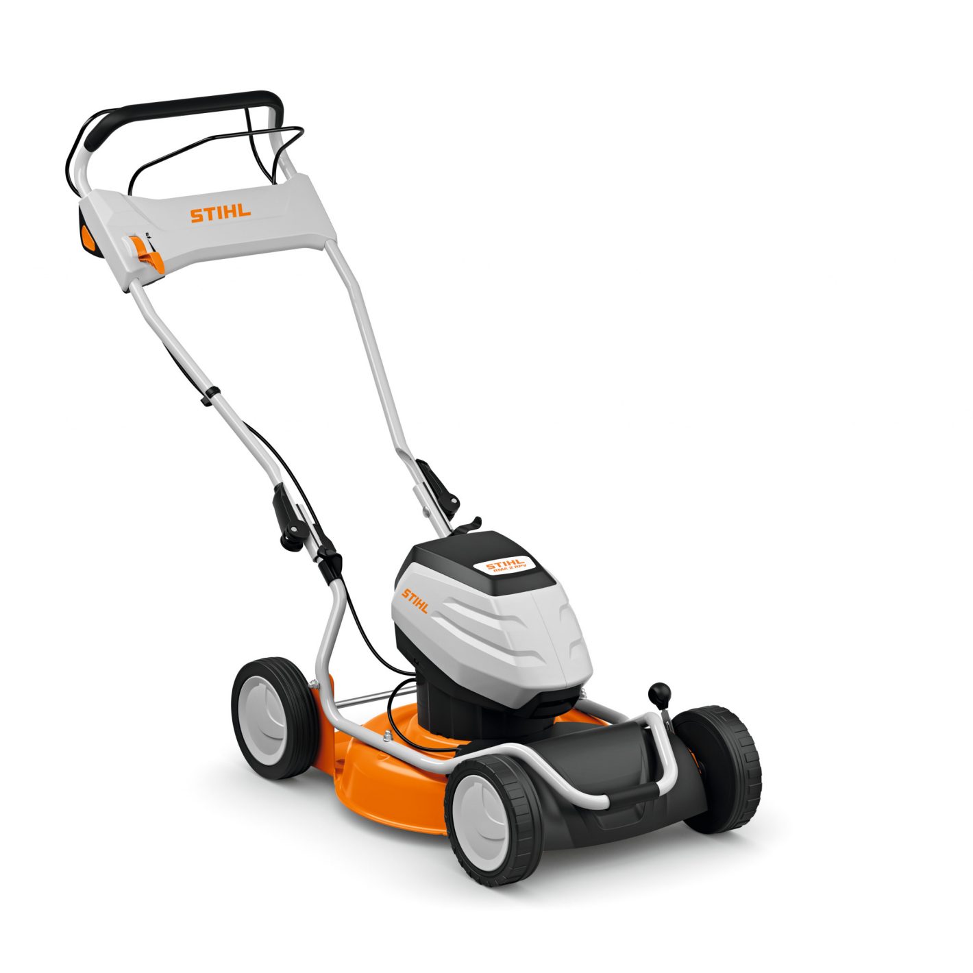 A Stihl RMA 2.2 RV (AP) lawnmower in white and orange with a sturdy handle, large wheels, and compact design on white background.