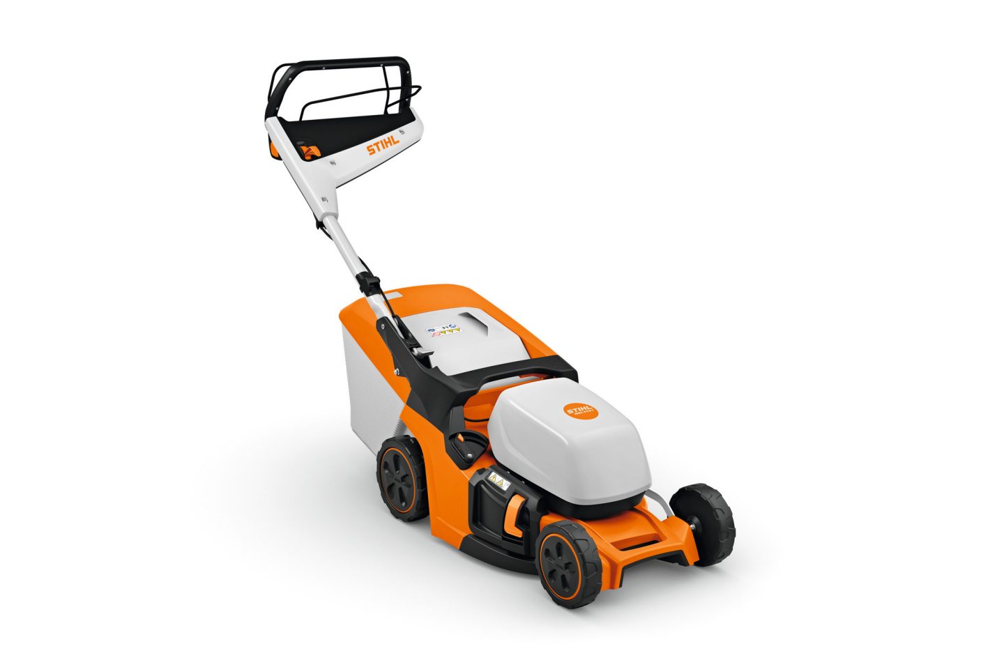 A modern orange, white, and black Stihl RMA 443.3 V (AK) electric lawnmower with grass box and ergonomic handle on white background.