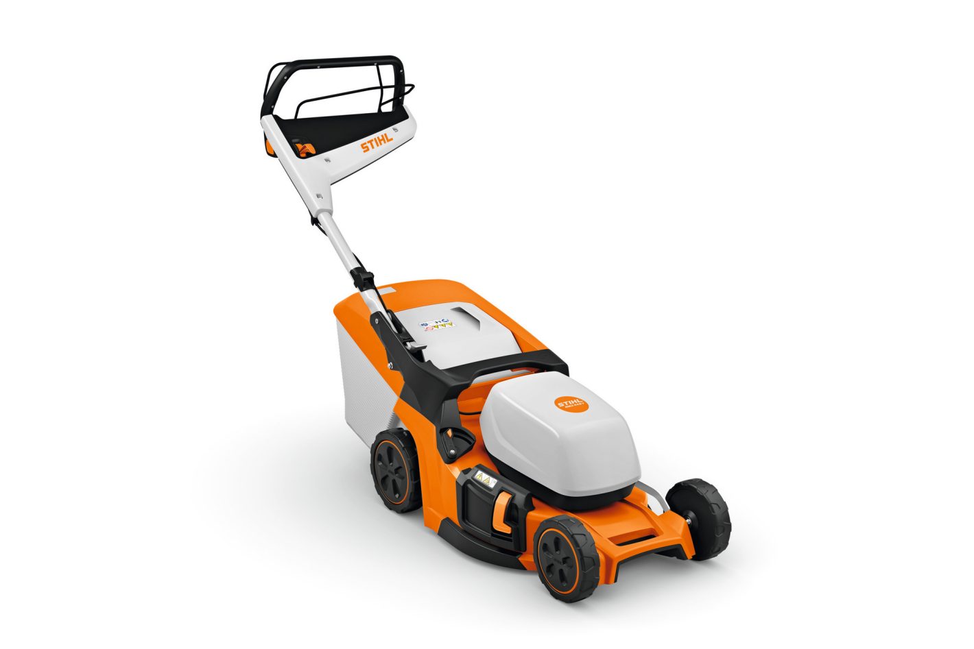 A modern orange and white Stihl RMA 448.3 V (AK) lawnmower with large rear wheels and adjustable handle on a white background.