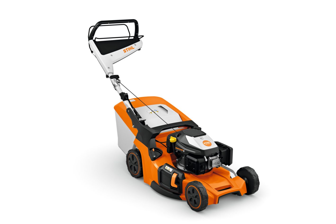 The Stihl RM 453.3 T (EU1) lawnmower with orange and white body, black wheels, handlebar, and grass bag on white background.