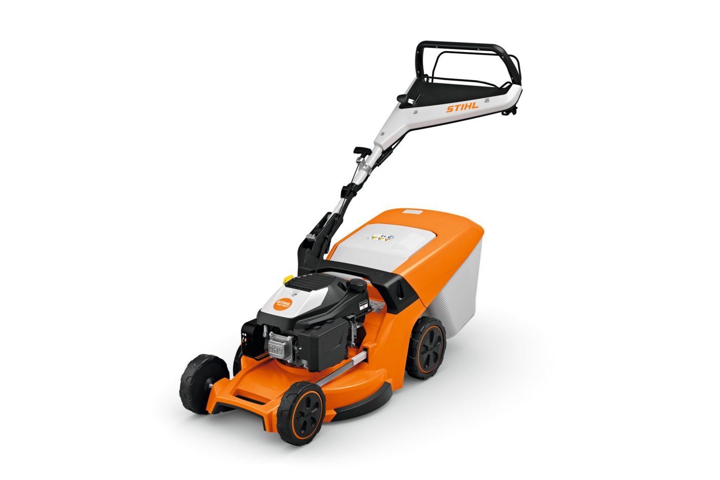 The Stihl RM 448.3 V (EU1) Lawn Mower is orange and white with a black handle, large rear wheels, and a rear grass bag on white.