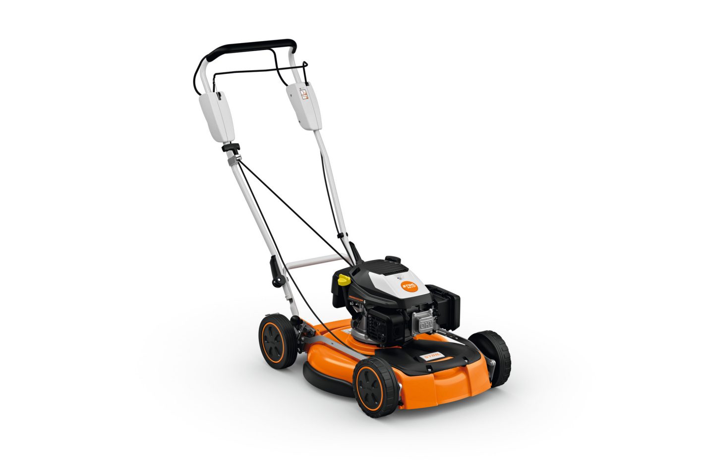 The Stihl RM 4.1 RT Lawn Mower has an orange and black design, white handle, four wheels, and exposed engine on a white background.