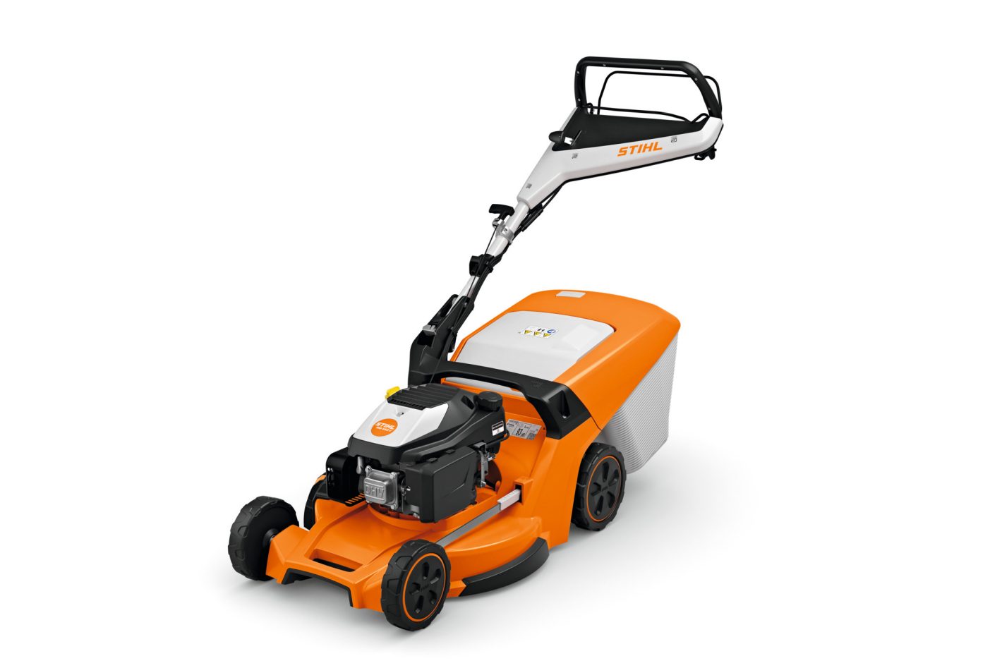 The Stihl RM 453.3 V (EU1) lawnmower features an orange and white body, black engine, large wheels, handlebar, and grass bag.