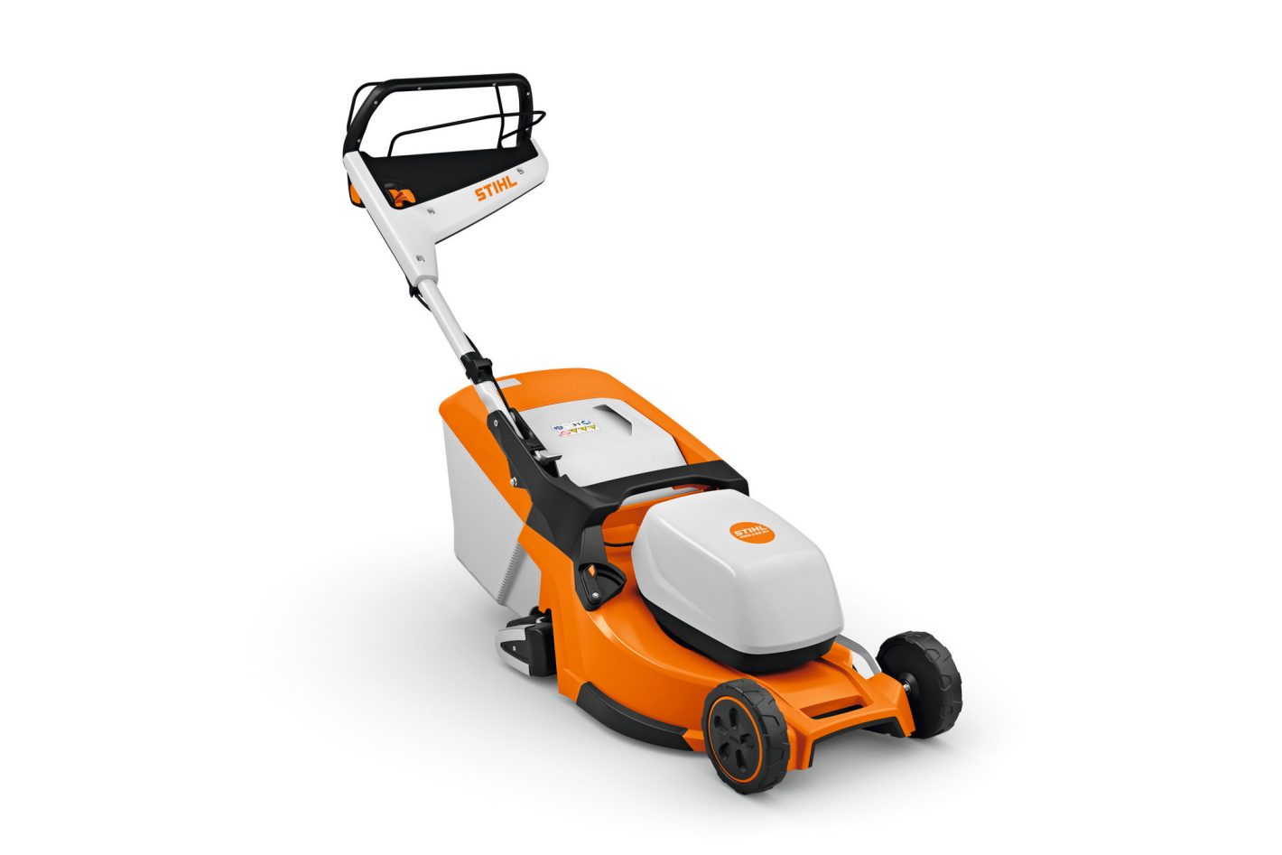A Stihl RMA 448.3 RV Rear Roller (AK) Lawn Mower with orange and white body, black handle, and white grass collector on white background.