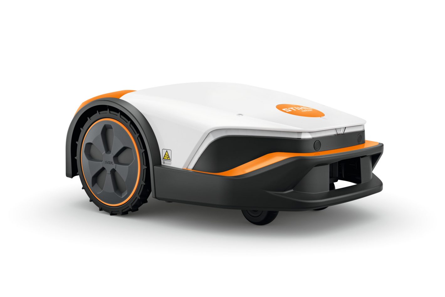 The Stihl iMOW 5.0 (GB) Robot mower has a white and orange body, black wheels, and modern design on a white background.