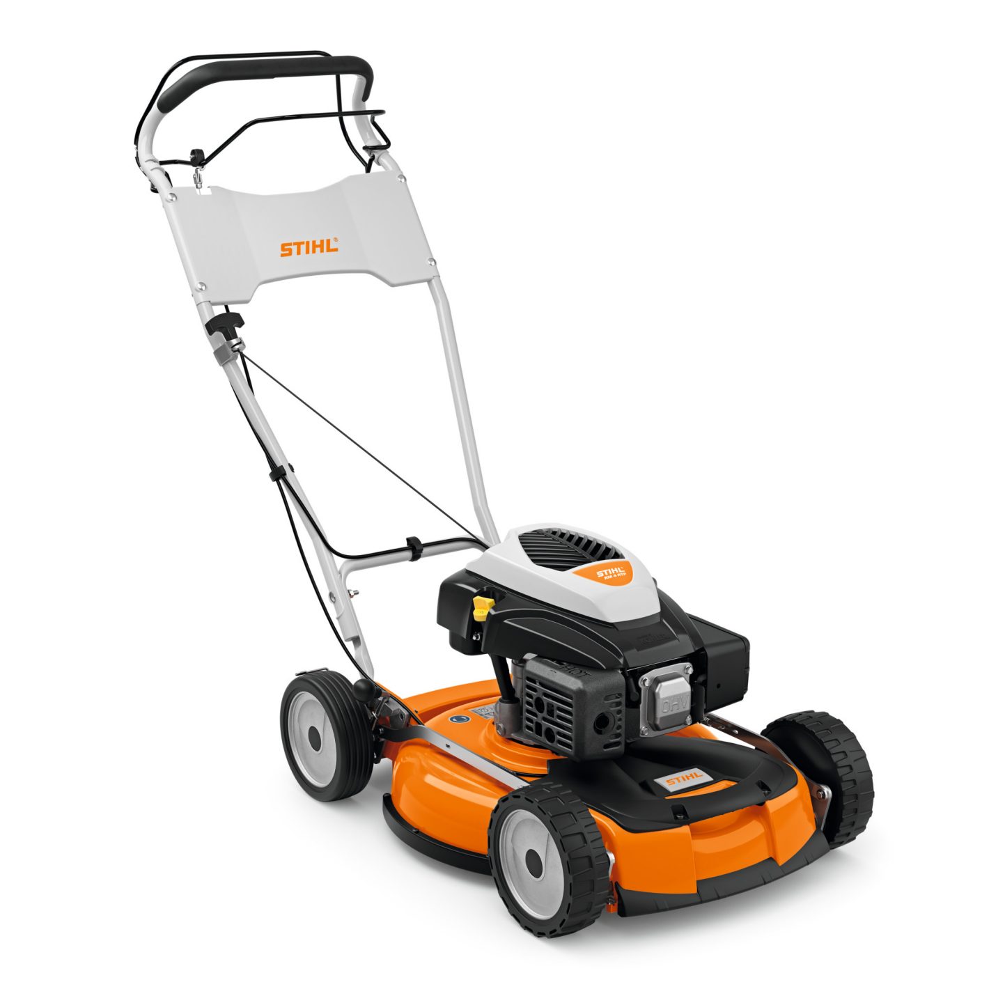The Stihl RM 4.0 RTP Lawn Mower has an orange and black body, white handlebar, and four black wheels on a white background.