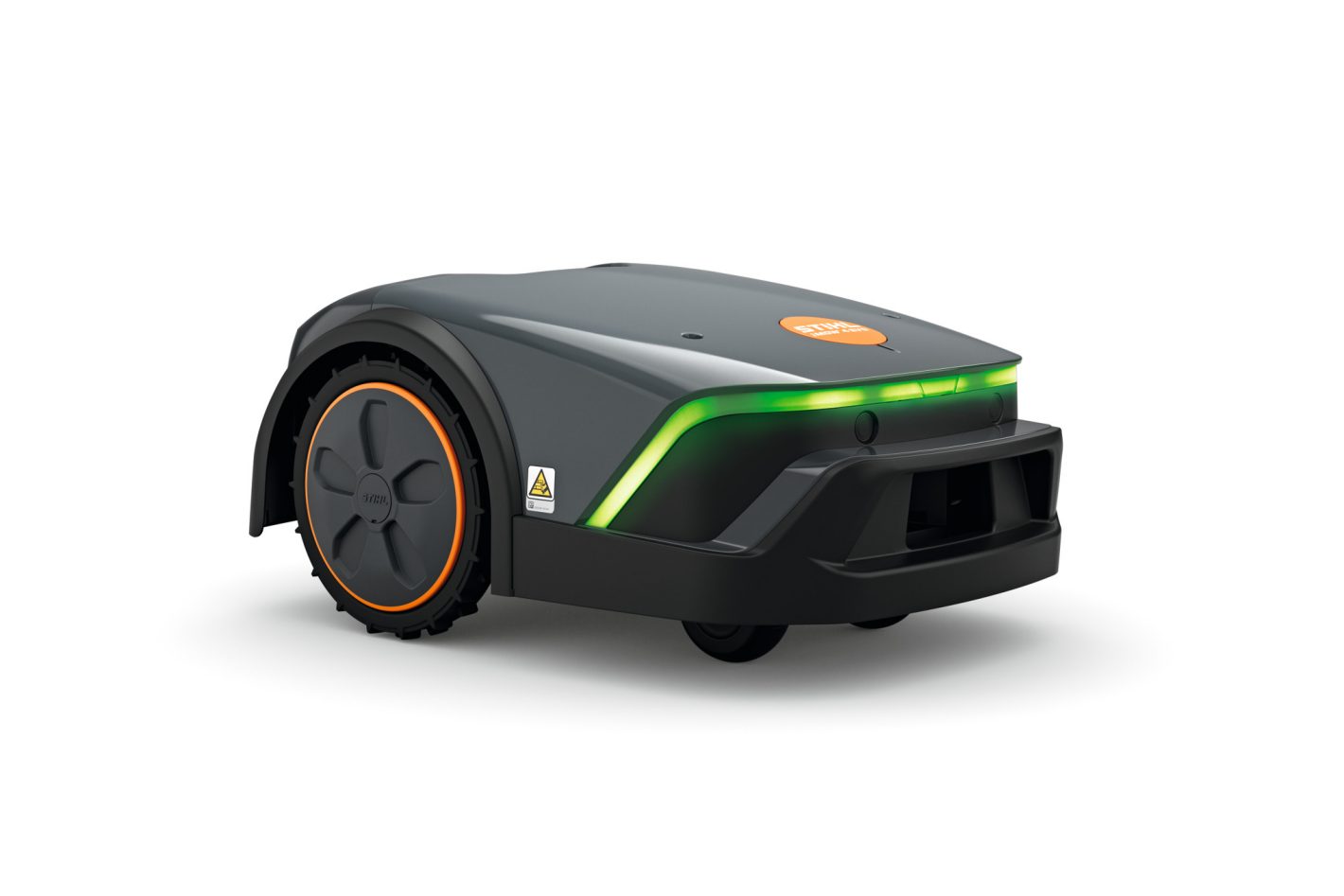 The Stihl iMOW 4.0 EVO (GB) robot mower, with a dark grey body, orange accents, and green LED strip, on a white background.