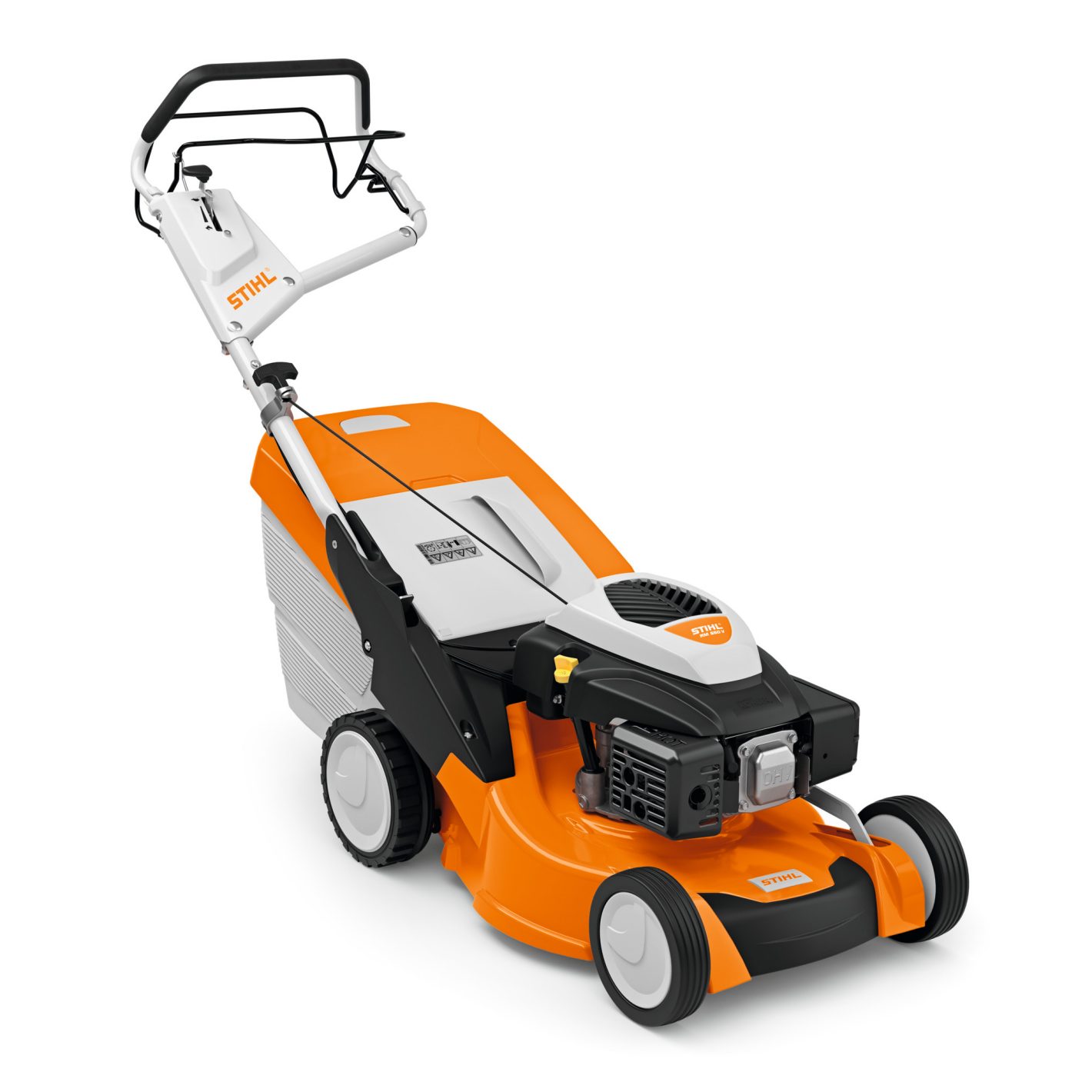 The Stihl RM 650.0 V Lawn Mower, orange and white, with grass bag, large rear wheels, and top-mounted engine on white background.