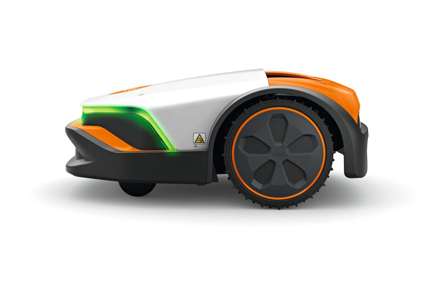 The Stihl iMOW 7.0 (GB) Robot mower in white, orange, and black with a green LED light sits on a white background.