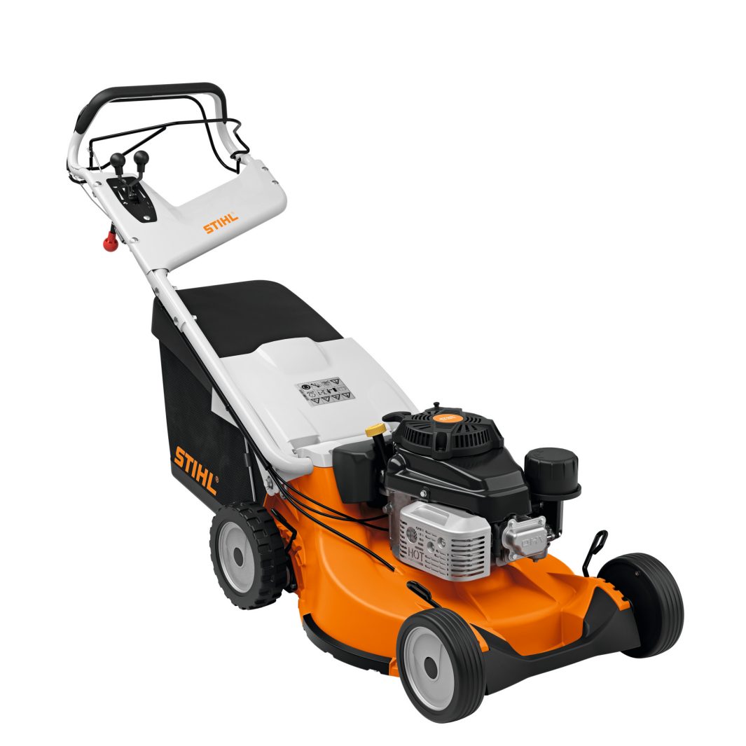 The Stihl RM 756.0 YC Lawn Mower has an orange and black body, white handlebar, a rear grass bag, and a top-mounted engine.