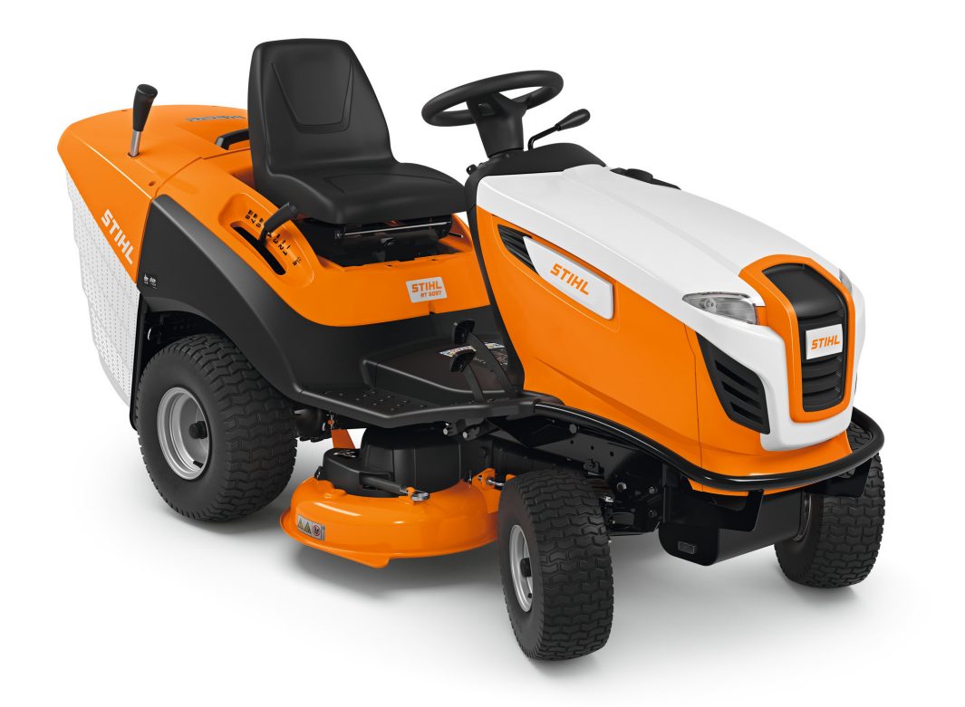 The Stihl RT 5097.1 Ride-on Mower, orange and white with a black seat and rear grass collector, is shown on a white background.